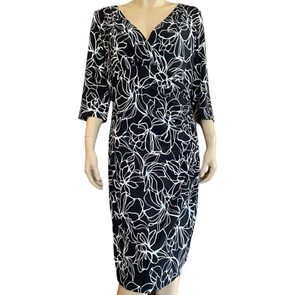 Wrap Dress Black & White Abstract Print Midi Dress Size M • FLAW•